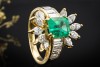 Ring im Sunburst Design Smaragd und Diamanten in Gelbgold 750 Handarbeit 