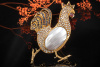 Brosche Hahn Huhn mit Mabe Perle Rubin Saphir und Brillanten in Gold 750 