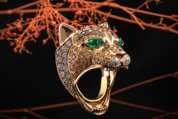 Tiger Panther Design Ring Citrin Brillanten schwarz weiß Smaragd Rotgold