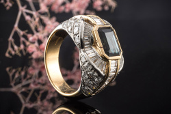 Goldschmiedearbeit Ring Massiv Saphir und Diamanten in Gold und Platin