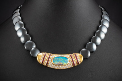 Hämatit Collier Kette Boulder Matrix Opal Diamanten Rubin 750er Gelbgold