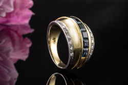 Ring mit Saphir eckig und Diamanten Brillanten Gelbgold Weißgold Bicolor