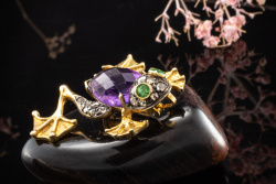 Frosch Brosche Nadel Anhänger Amethyst Diamanten Tsavorit in Gold Silber