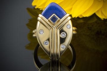 Gübelin Ring mit Saphir Brillanten und blauer Emaille in 750er Gelbgold