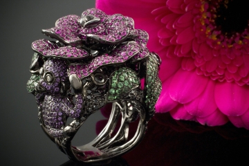 Designer Ring Blume mit 2 Affen Diamanten Farbedelsteine 750er Gold Schwarz