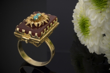 GiftRing Ring in 585er Gelbgold mit Türkis aufwändig verziert Herzen innenliegend