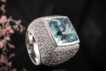 Großer Aquamarin Ring eckig mit Diamanten Brillanten Massiv Weißgold 750