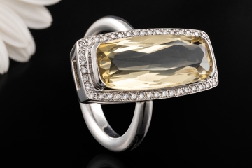 Ring Langer facettierter Citrin mit Diamanten in Weißgold 750 Handarbeit