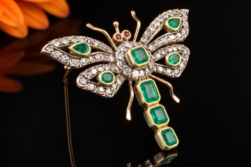 Antike Brosche Libelle Gold Smaragde Rubine Altschliff Diamanten um 1900