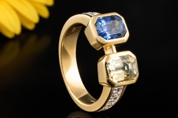 Toi et Moi Ring 2 Saphire Blau und Gelb mit Diamanten in 750er Gelbgold