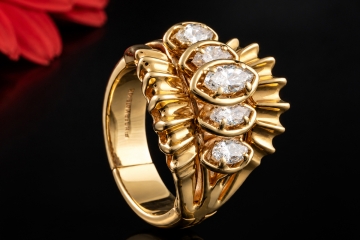 Vintage Ring 5 Navette-Diamanten & Finger-Mate-Mechanismus in 585er Gold