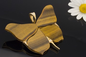 Schmetterling mit Tigerauge und Brillanten Brosche Nadel in Gelbgold 750