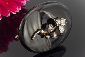 Antike Brosche / Nadel Onyx Onyxplatte floral mit Blume Diamant Rosen Gold 585