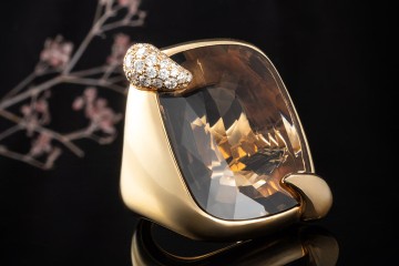 Pomellato Ring Ritratto Maxi mit Rauchquarz Braun Diamanten Gelbgold 750