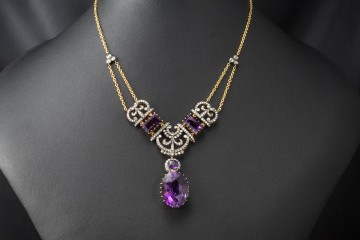 Antike Collier Kette mit Lila Amethyst und Diamanten in 750er Gelbgold