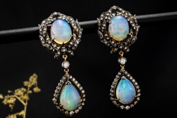 Antike Opal Ohrringe Ohrstecker Ohrhänger mit Diamanten Silber Gelbgold