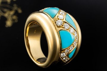 Cocktailring Ring mit Türkis dreieckig mit Diamanten in 750er Gelbgold