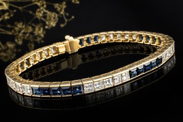 Armband Saphire und Diamanten eckig Tennisarmband Blau Weiß Gelbgold 750