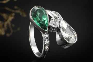 Vintage Tropfen Ring Turmalin und Rosenschliff Diamant in 750er Weißgold