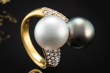 Perlen Ring Südsee und Tahiti Zuchtperle mit Diamanten in 750er Gelbgold