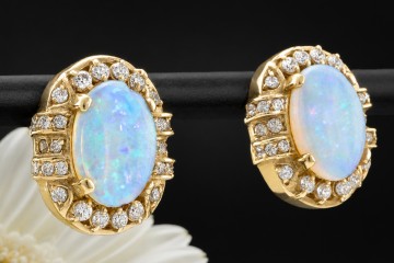 Vintage Opal Ohrringe Ohrclips mit Stecker Oval mit Diamanten Gelbgold