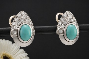 Tropfen Ohrringe Ohrstecker mit Clip Türkis und Diamanten 750er Weißgold