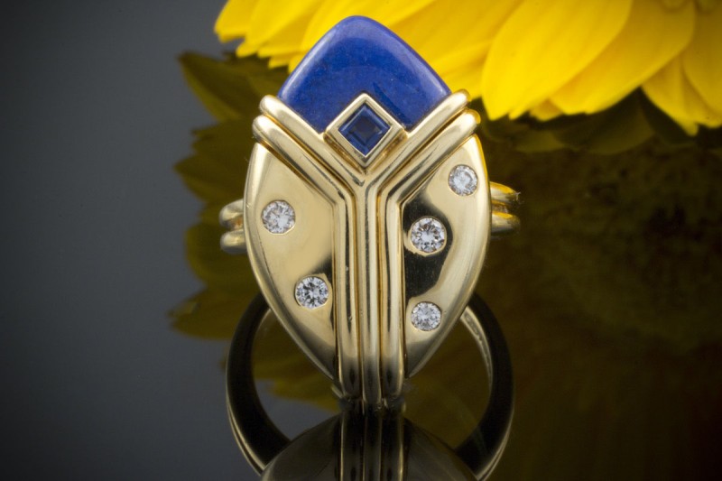 Gübelin Ring mit Saphir Brillanten und blauer Emaille in 750er Gelbgold 