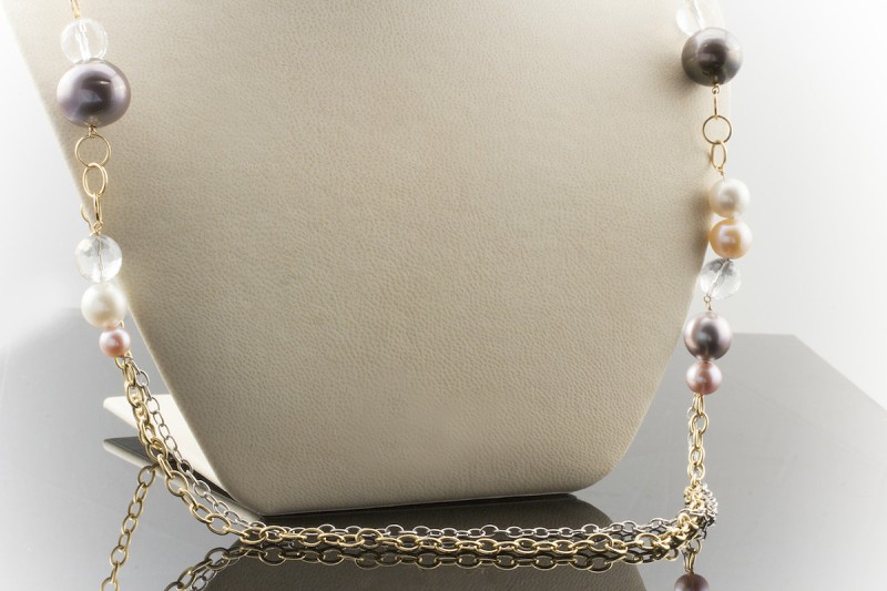 Perlen Collier Kette 94 cm Facettierte Quarzkugeln in 750er Gold Bicolor 