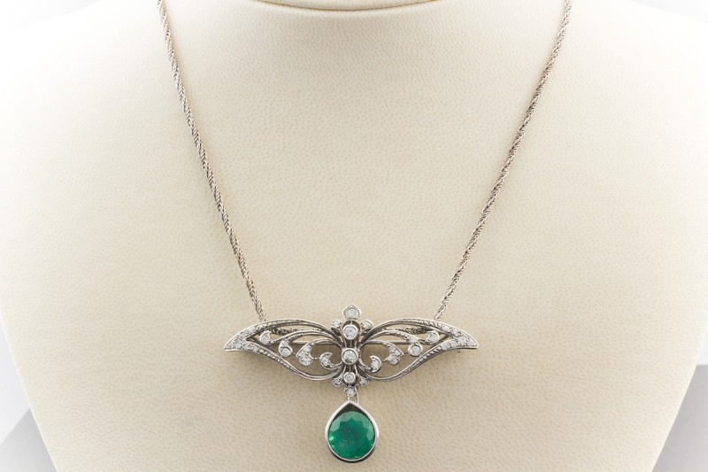 Brosche Anhänger Collier Smaragd & Brillanten 585er Weißgold  