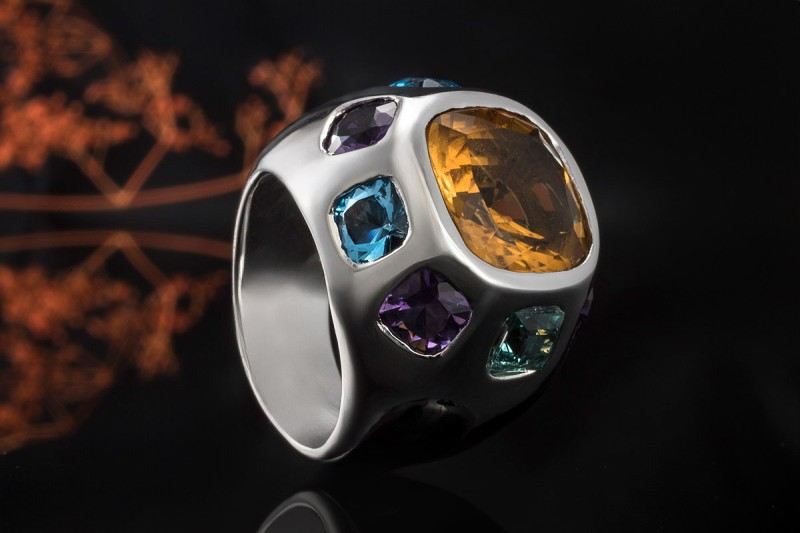 Imposanter Ring Citrin Amethyst Topas in massiver 750er Weißgold Arbeit 