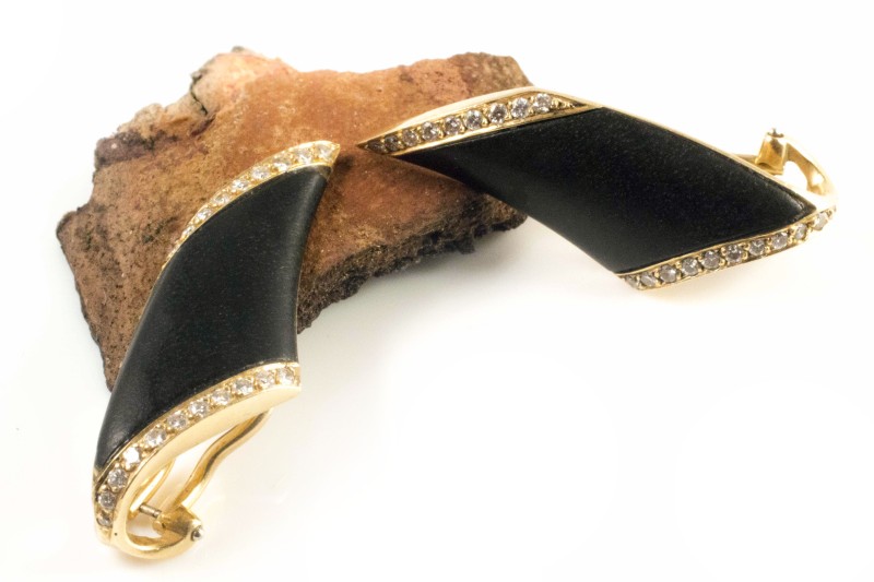 750er Gold Brillant Ohrclips Ohrringe mit Holzapplikationen 