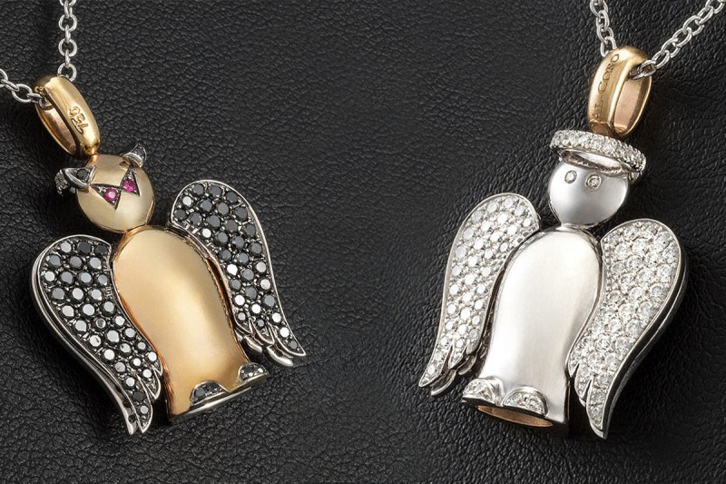 Al Coro Collier Engelchen Teufelchen mit Diamanten Roségold Weißgold 750 