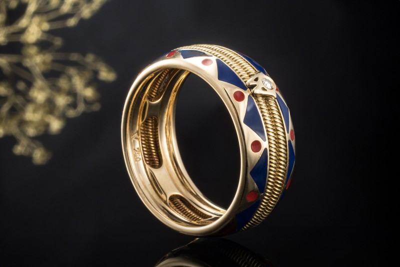 Wellendorff Ring Bordure mit Diamant Emaille Blau Rot 750er Gelbgold 60 