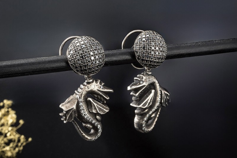 Buchwald Ohrringe Drache 2 in 1 mit Diamanten in Weißgold 750 Ohrstecker 