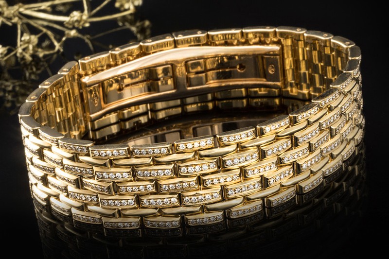 Massives Armband Breites Gliederarmband mit Diamanten in 750er Gelbgold 