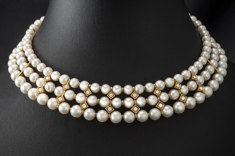 Kropfband Choker Akoya Perlen Diamanten Halsband in Gelbgold 750 Arbeit 