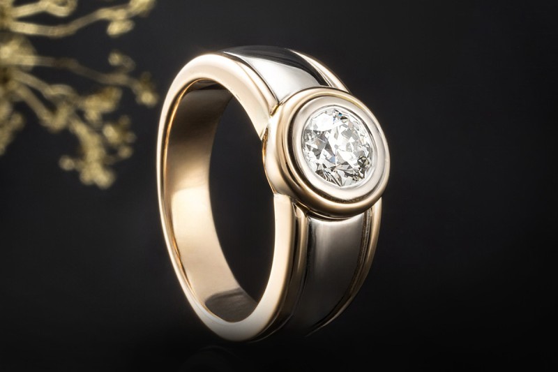 Solitär Ring 1,2 Ct Diamant Altschliff Massive Arbeit 750er Gold Bicolor 