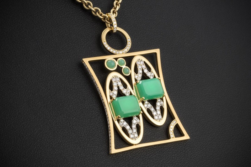 Jazychic Zwillinge Sternzeichen Anhänger Chrysopras Diamanten Gelbgold 