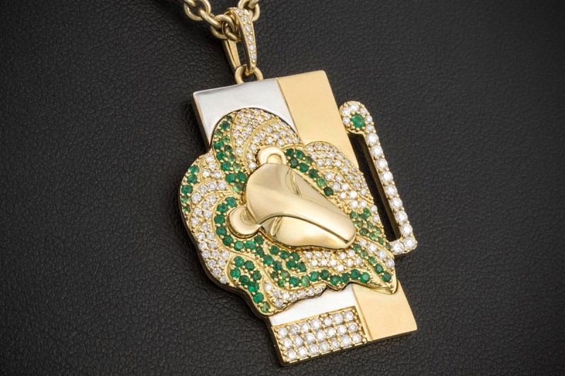 Jazychic Löwe Sternzeichen Anhänger Tsavorit Diamanten Gold Bicolor 750 