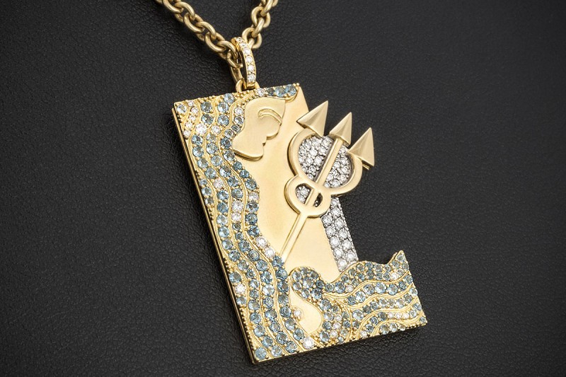 Jazychic Wassermann Sternzeichen Anhänger Aquamarine Diamanten Gelbgold 