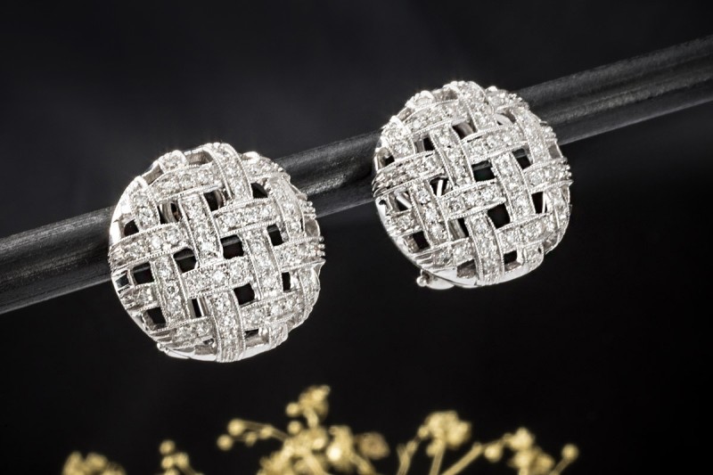 Ohrclips Ohrringe mit Diamanten rund geflochten in 750er Weißgold 
