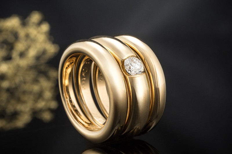Cartier Ellipse 3 Ringe Solitär Diamant Bandring gestapelt Gelbgold 750 