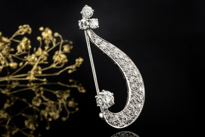 Elegante Brosche Musiknote Vintage Nadel mit Diamanten in 750er Weißgold 