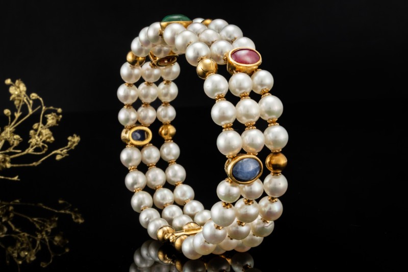 Vintage Perlenarmband Armreif Smaragd Rubin Saphir Cabochon Gelbgold 750 