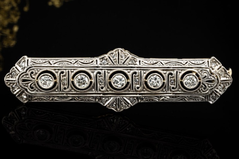 Lange Art Déco Brosche Nadel Diamanten Goldschmiedearbeit Weißgold Gold 