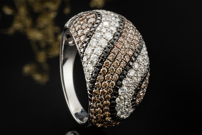 Cocktailring Ring Diamant Arbeit Weiß Braun Schwarz in 750er Weißgold 