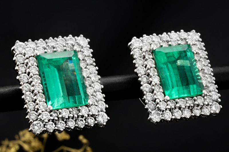 Große Smaragd Ohrringe rechteckig mit Diamanten Weißgold 750 Handarbeit 