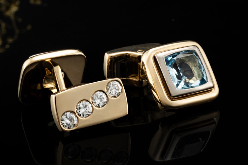 Sanders Manschettenknöpfe Aquamarin Citrin und Diamanten in Gelbgold 750 