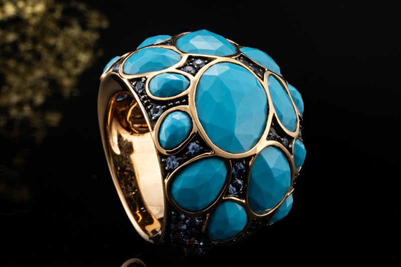 MIMÍ Milano Cocktail Ring Türkis und blauer Amethyst in 750er Roségold 