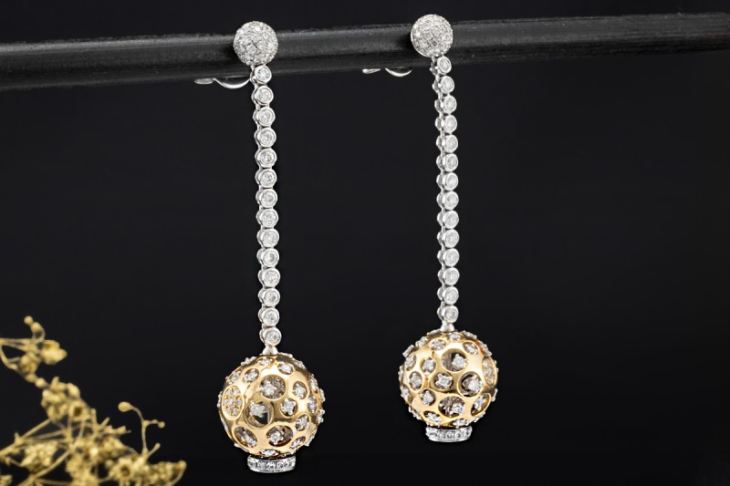 Ohrhänger Ohrstecker Kugeln beweglich mit Diamanten Gold Bicolor 750 